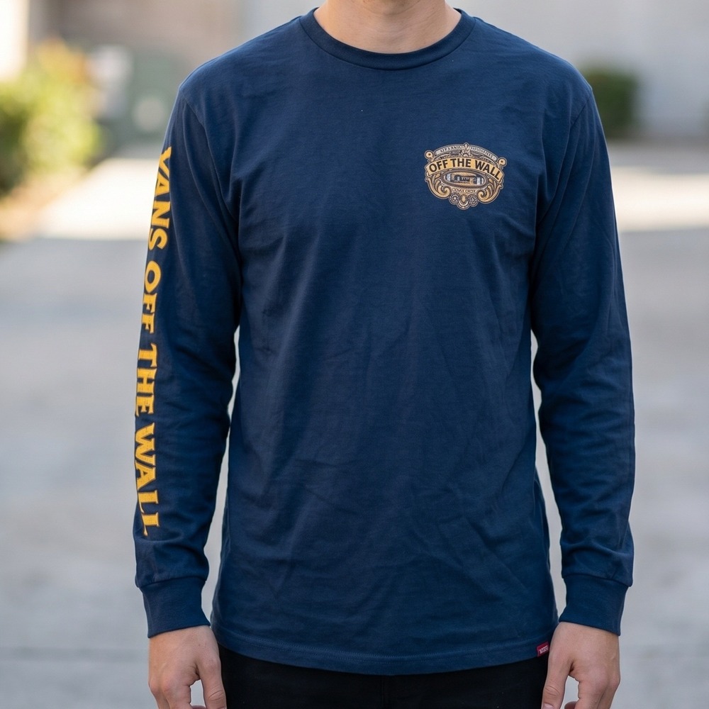 Vans Off The Wall Mens Long Sleeve Graphic T-Shirt Navy Blue‎ Gold Skater Medium